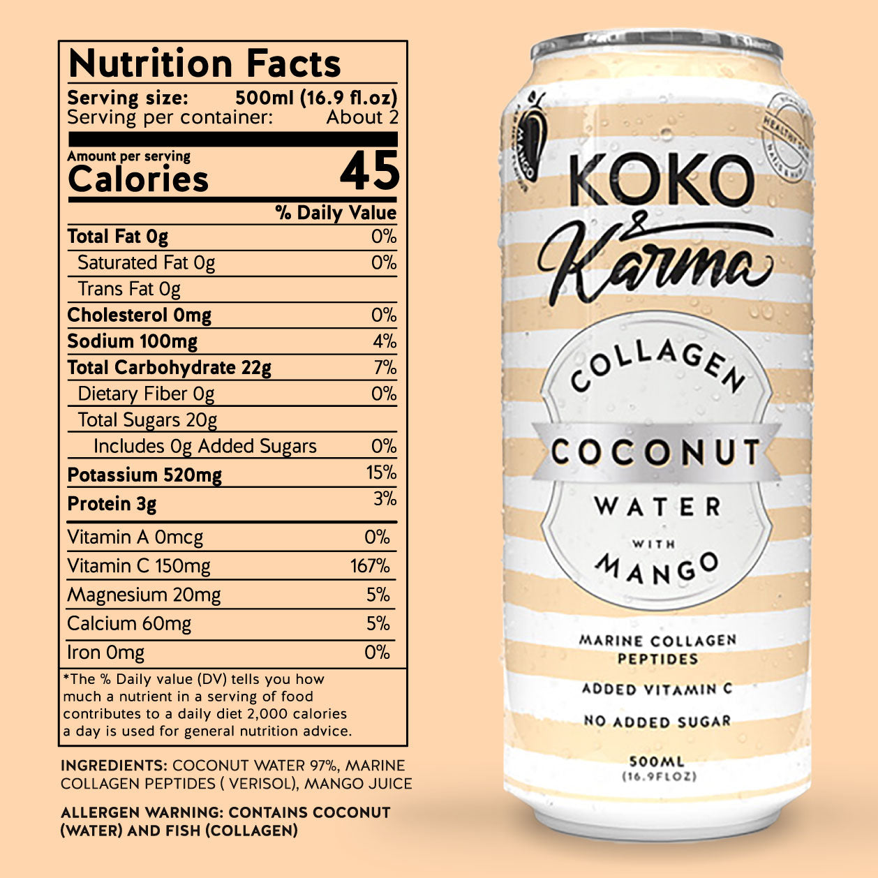 Koko & Karma - Mango Coconut water with added Marine Collagen Peptides Pack Case of 16.9oz cans (Copy)