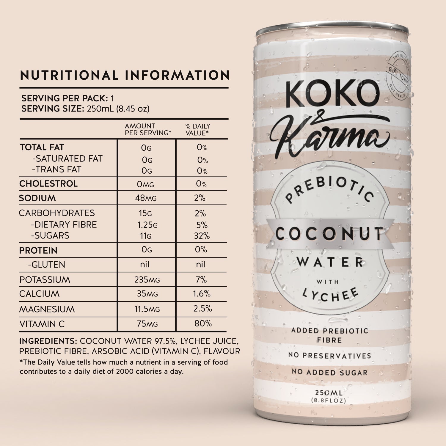 Koko & Karma Prebiotic Lychee Coconut Water 250 ml - 8.45oz cans 12 Pack per case